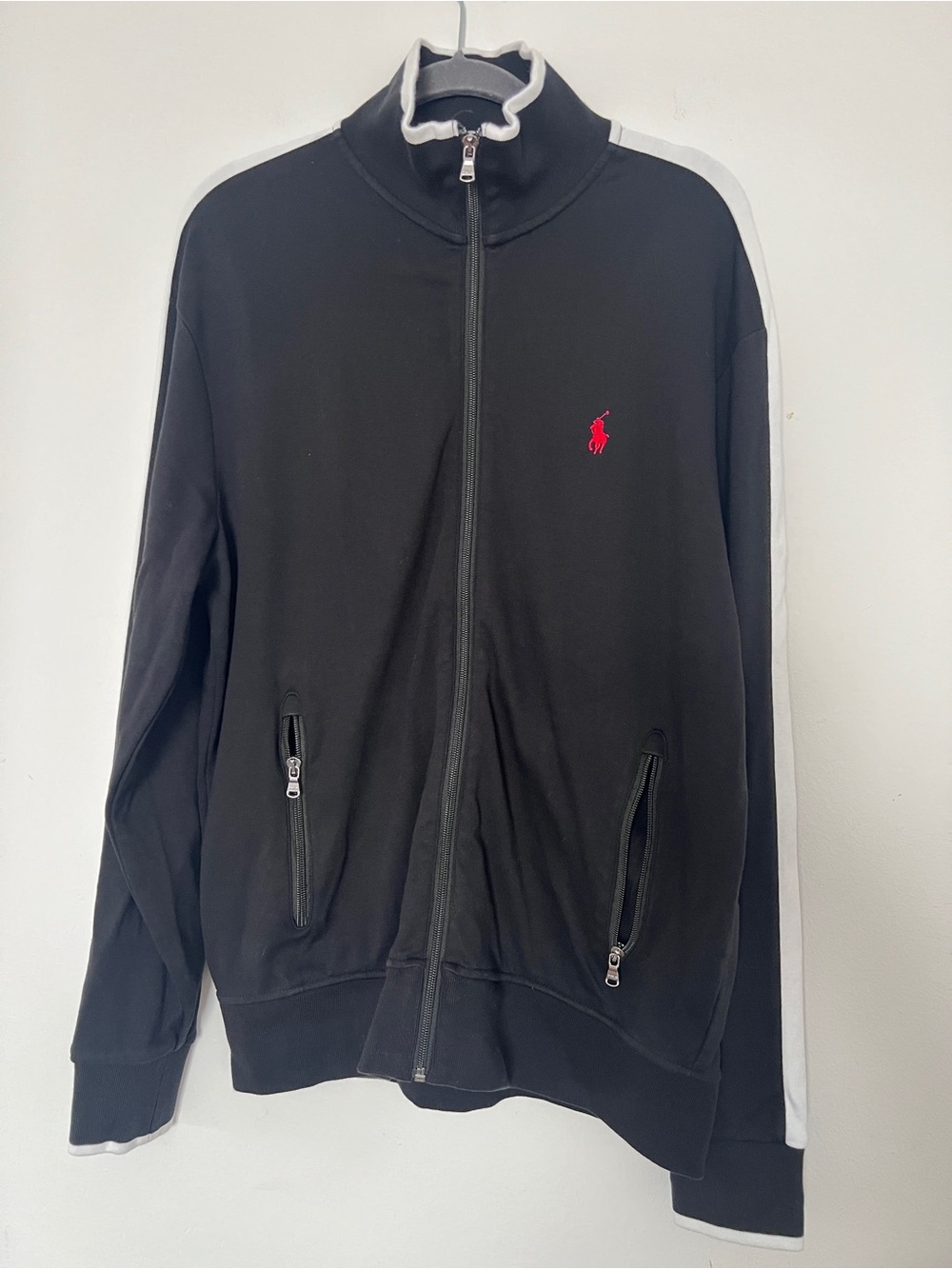 Polo by Ralph Lauren Black Track Jacket with White Shoulder Stripes and Red Pony